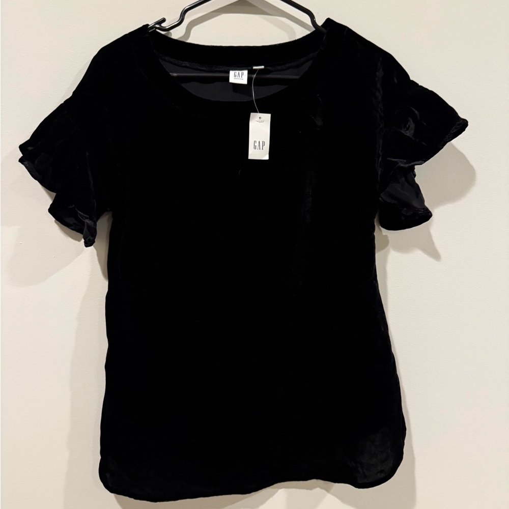Brand New Gap Maternity Velvet Ruffle Top Womens S Black Short Sleeve Tee